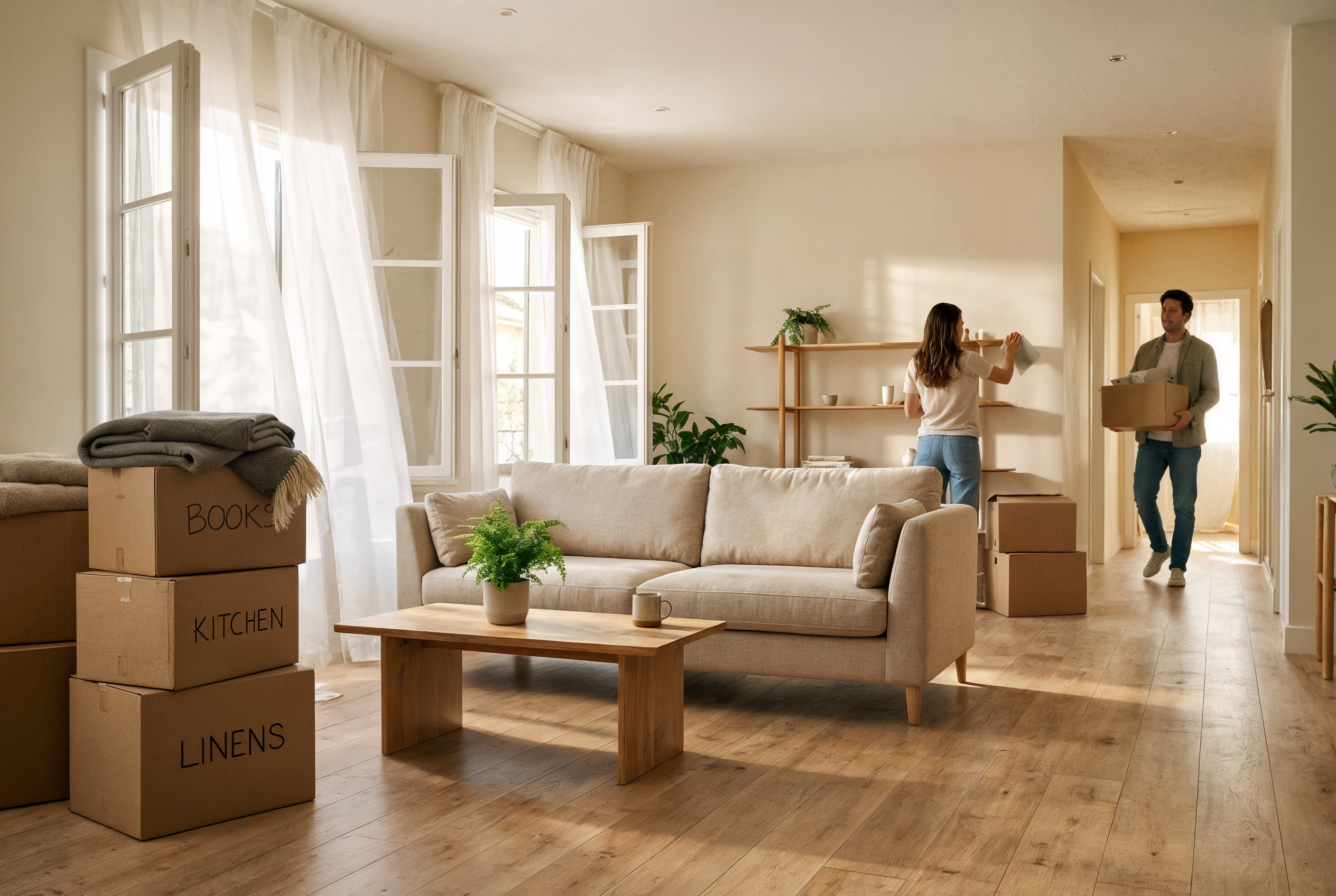 Sunlit living room during spring cleaning with labeled moving boxes stacked neatly and a couple calmly organizing their home, showing how short-term storage helps create space and reduce clutter.